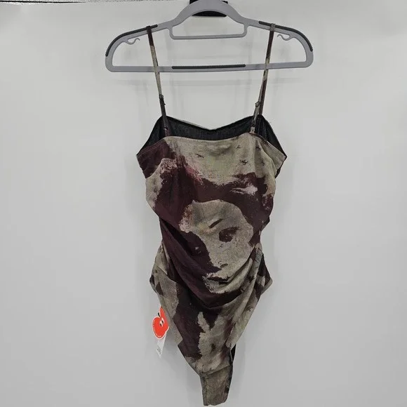 Cider Womens Abstract Portrait Graphic Mesh Bodysuit Ruched Brown Olive Large - Picture 2 of 11